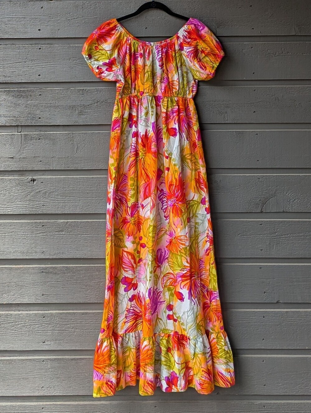 VTG 70s Hawaiian Bright Floral Maxi Dress Pink Orange Yellow Abstract Floral